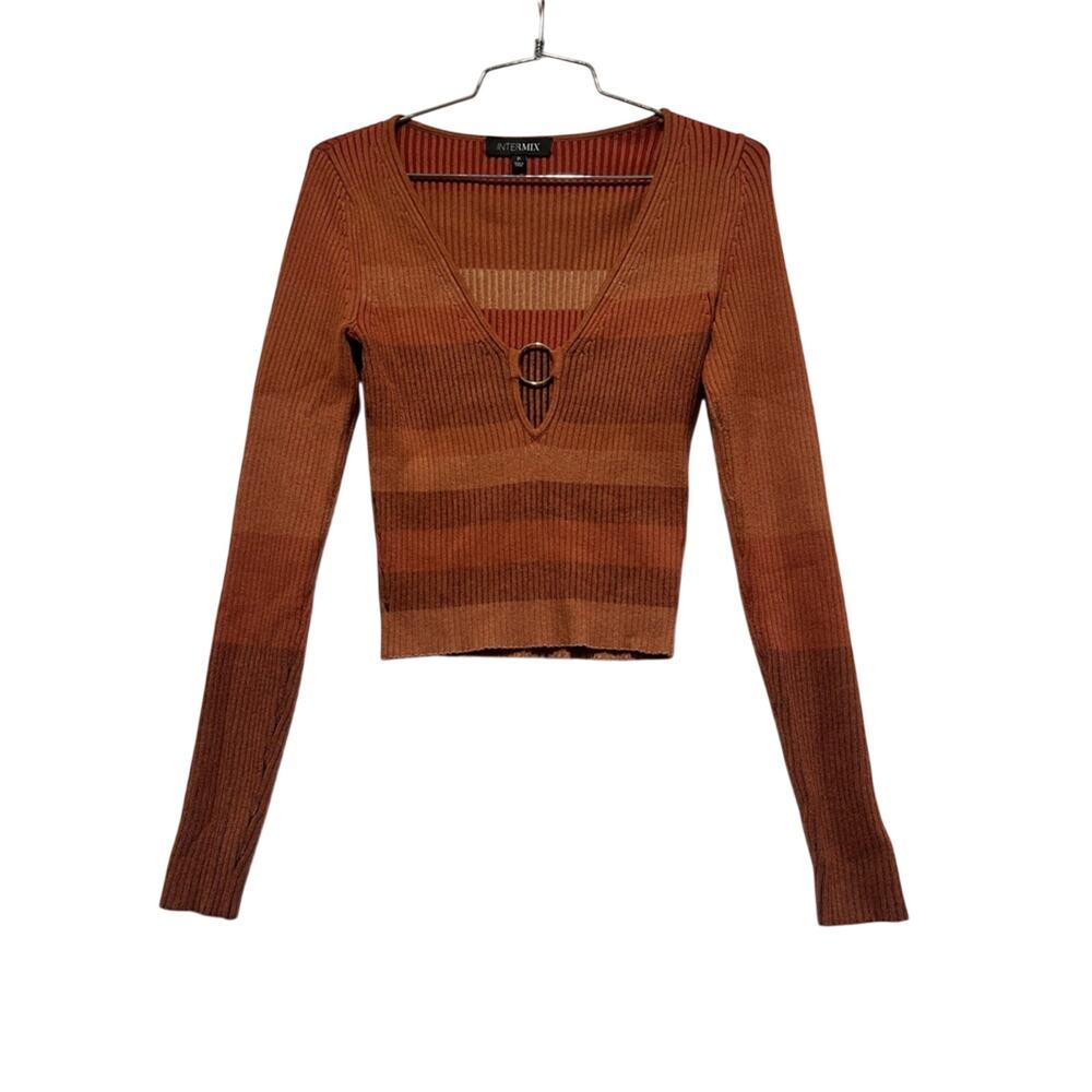 Intermix Ribbed Knit Crop Sweater Rust Ring Detail Petite Small